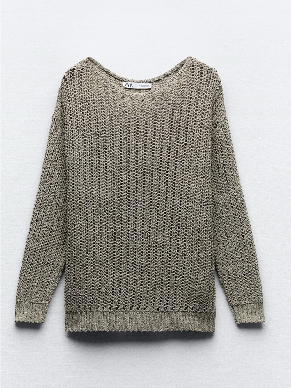 Zara Open-Knit Crewneck Sweater in Olive Taupe